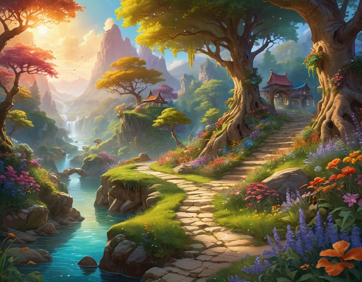 A vibrant, enchanted Tibia landscape filled with cheerful characters engaging in joyful adventures, surrounded by lush green forests and sparkling rivers. Include whimsical creatures and bright flowers, with a magical sunrise in the background. The scene should evoke a sense of exploration and bliss, inviting the viewer to dive into the happiness of the game's world. bright colors, fantasy art, high detail.