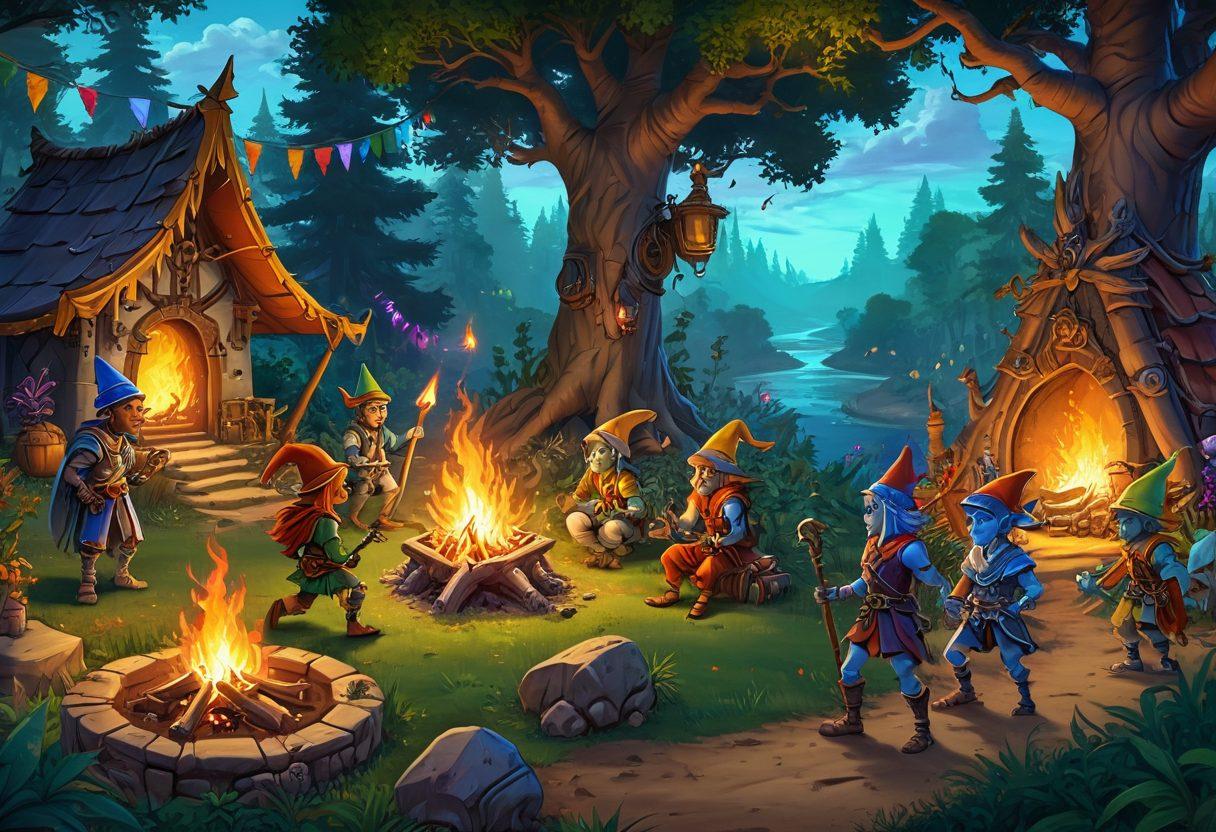 A vibrant scene depicting a group of diverse avatars celebrating around a campfire in the fantasy world of Tibia, surrounded by lush forests and mystical creatures. The avatars are engaged in animated discussions, sharing laughter with colorful party hats and festive decorations, while magical sparks fill the air. Include iconic Tibia elements like treasure chests and fantasy landscapes for extra detail. super-realistic. vibrant colors. fantasy art.