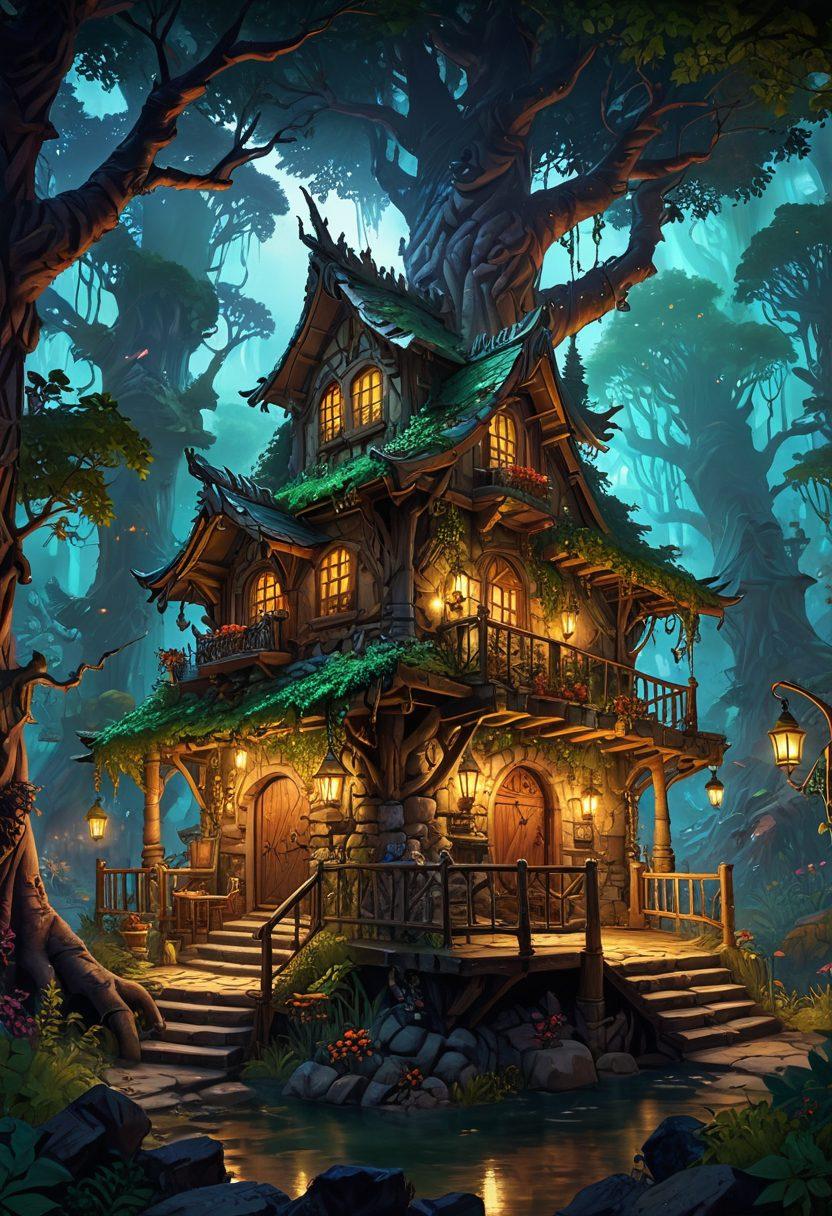 A mystical landscape inspired by the world of Tibia, showcasing a vibrant tavern filled with diverse characters sharing stories, surrounded by lush forests and ancient ruins. Include symbols of various classes and spells floating in the air, depicting the essence of lore and strategy. The atmosphere should feel warm and inviting, with soft glowing lights illuminating the towering trees. super-realistic. vibrant colors. fantasy art.